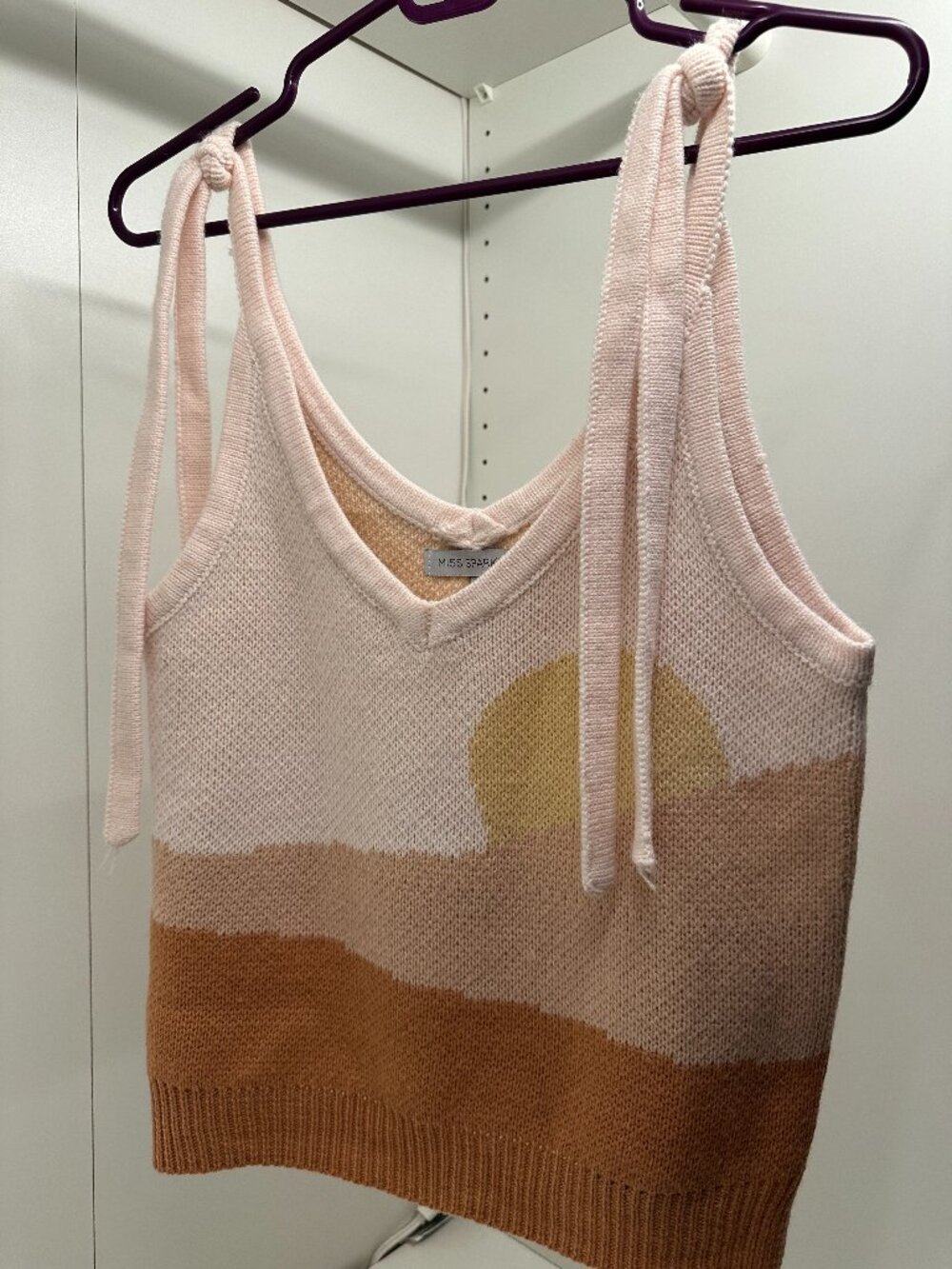 Miss Sparkling Knit Tie Shoulder Crop Tank Top Color Block Sunset Blush Pink Siz